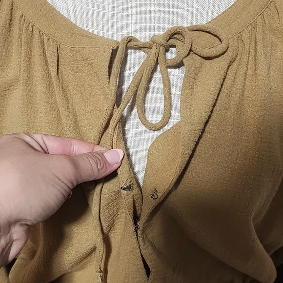 FREE PEOPLE The Only One Mini Dress Womens Small Tan Long Sleeve Ruched Tie Boho - Picture 4 of 16